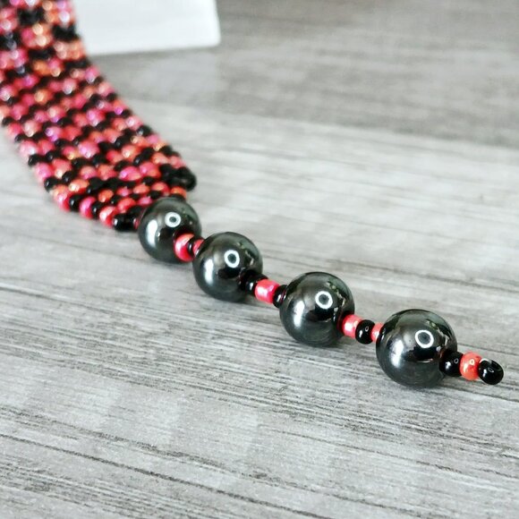 Hematite Gemstone Beaded Checker Bracelet, Adjustable Seed Bead Bracelet - Picture 10 of 11